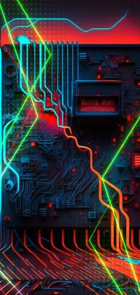 This phone live wallpaper features an amazingly realistic 3D illustration of a close-up view of a circuit board with neon lights that lend an otherworldly, cyberpunk touch to the design
