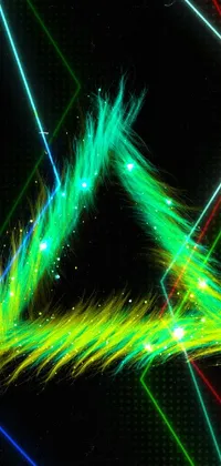 Looking for a stunning digital live wallpaper? Look no further than this mesmerizing design featuring a neon triangle, fiber optic strands, and a digital green fox