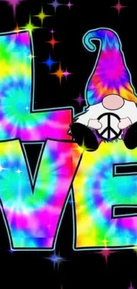 This vibrant live wallpaper features a delightful cartoon gnome perched atop the word "love" amid a colorful tie-dye and psychedelic background