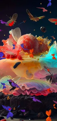 Looking for a unique live wallpaper for your phone? Check out this digital art piece featuring a colorful cake with butterflies and worms crawling on top