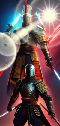 This phone wallpaper showcases an epic image of two knights standing side by side, each wielding a glowing sword in red and cyan