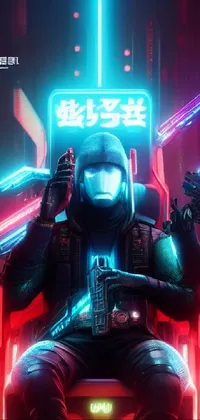 This live phone wallpaper boasts a cyberpunk-inspired digital art scene featuring a man holding two guns while seated in a chair