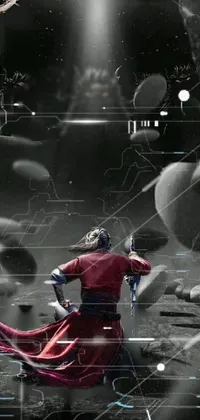 This phone live wallpaper showcases a fantasy-inspired concept art of a person in a red robe wielding a sword, alongside other imagery such as a Snapchat photo, a movie poster, and a still from a popular TV series