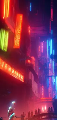 Enjoy the stunning cyberpunk atmosphere with this city-at-night live wallpaper that features a person gliding along a calm canal in a small boat