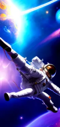 This phone live wallpaper features an astronaut in a space suit gracefully soaring through the atmosphere on a beautiful sunny day