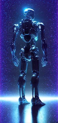 Looking for a fresh phone wallpaper that exudes a futuristic vibe? Consider this live wallpaper of a robot in a powerful stance, standing in the dark emitting a blue realistic 3D render hologram