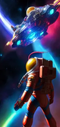 This live phone wallpaper features a vibrant and colorful illustration of a man in a futuristic space suit standing in front of a massive spacecraft
