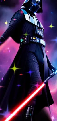 This phone live wallpaper features a man dressed in a Darth Vader costume, holding a light saber, in front of a space-themed background