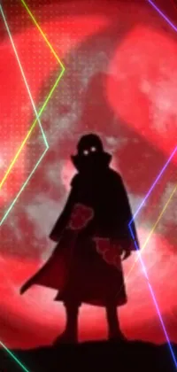 Looking for a live wallpaper that captures the essence of a ninja battle? Check out this silhouette of a person standing before a red light hologram