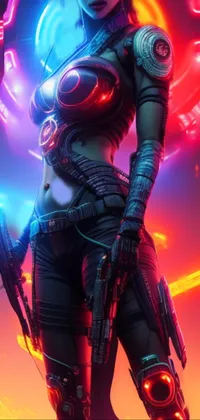 This phone wallpaper boasts a mesmerizing cyberpunk style digital art of a confident futuristic soldier girl standing in front of a neon sign holding a gun