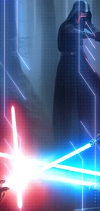 This live wallpaper depicts two characters wielding lightsabers in a forest setting