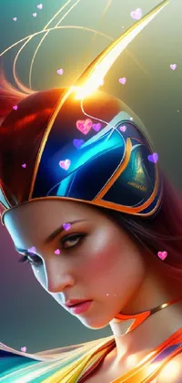 This phone live wallpaper showcases a stunning digital painting of a flame-haired woman donning a helmet with glowing eyes