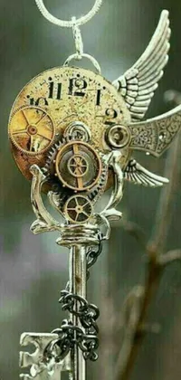 This phone live wallpaper showcases a close-up of a steampunk-inspired key adorned with a clock and an angel design