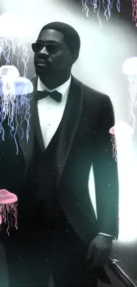 This digital painting showcases a man donning a tuxedo, holding a gun with confidence