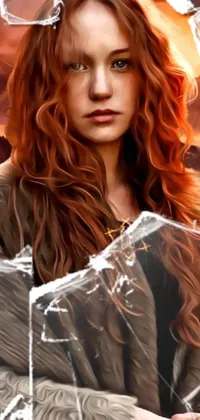 This phone live wallpaper features a digital artwork of a woman with red hair standing in front of a broken window