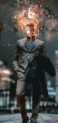This dynamic phone live wallpaper features a captivating digital art of a man walking down a street in a city, casting a fiery spell with a melting face and exploding head