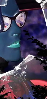This stunning live wallpaper features a close-up of a character wearing glasses, set on a mysterious planet with dark blue skin