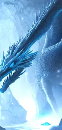 This live wallpaper depicts a fearsome dragon standing in the snow, with a blue ice landscape adding to the fantasy aesthetic