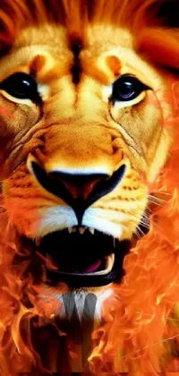 This live wallpaper showcases a close up of a lion's face on a black background, with orange fire in the background