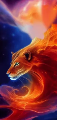 This phone live wallpaper displays a flying lion amidst swirling flames and cosmic hues