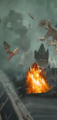 Bring your phone to life with this epic live wallpaper featuring a man standing on a boat by a blazing fire, charging through a dragon's lair! Transport yourself to awe-inspiring fantasy worlds with beautiful, high-quality art