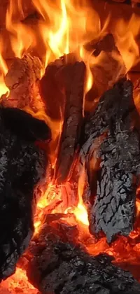 This mobile live wallpaper features a stunning close-up of a fireplace fire, captured using an iPhone and outdoor lighting by photographer Rodney Joseph Burn