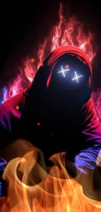 This dark phone live wallpaper features a depiction of a hooded figure in digital art
