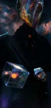 This phone live wallpaper features an awe-inspiring digital art of a man in a space suit, holding a mysterious box against a cosmic backdrop