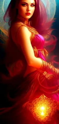 This phone live wallpaper showcases a beautiful Indian goddess in a red dress holding a lantern while radiating colored lights around her body