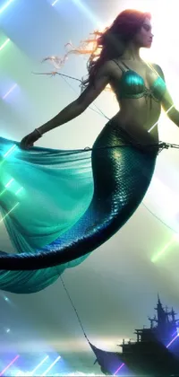 This phone live wallpaper depicts an enchanting image of a woman wearing a mermaid costume while standing on a boat's mast