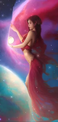 This stunning phone live wallpaper features a digital art rendition of a goddess-like woman in a red dress holding a crystal ball