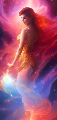 This live wallpaper showcases a stunning woman in a bold leo print, against a fiery nebula background