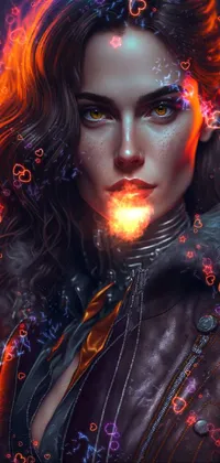 This is a stunning live wallpaper for your phone that features a close-up of a woman wearing a leather jacket