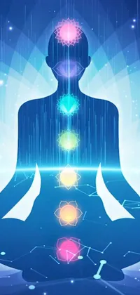 This stunning live wallpaper features a person in lotus position surrounded by seven chakras emitting different colors of energy