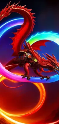 This phone live wallpaper depicts a red dragon in flight, surrounded by mesmerizing arcs of fiery neon light