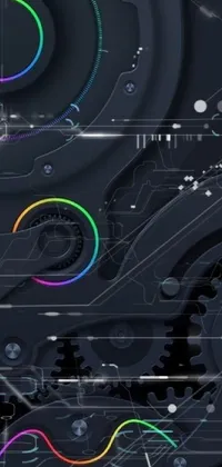 This modern live wallpaper features a close-up of a sleek black clock against a rainbow background