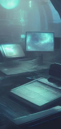 This stunning live wallpaper features a digital art concept of a stationary computer sitting atop a desk