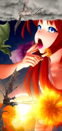 This live phone wallpaper showcases a stunning image of a woman with long red hair indulging in a delicious donut