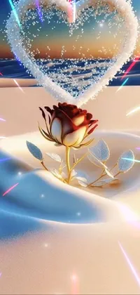 This phone live wallpaper features a romantic and dreamy digital art piece of a heart-shaped rose on a beach