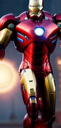 This phone live wallpaper showcases a close-up view of Iron Man on a bustling city street