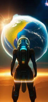 This futuristic phone live wallpaper features a man in a space suit standing before a planet, adding a touch of digital art to your device