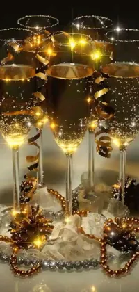 This phone live wallpaper showcases a group of wine glasses on a table, with intricate golden decorations