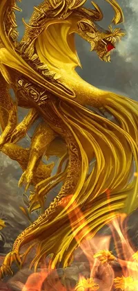 This phone live wallpaper depicts a striking golden dragon in motion through the air