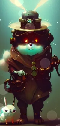 This phone live wallpaper features a cyberpunk-style image of a cat standing next to a dog, wearing a steampunk top hat