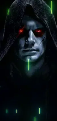 This phone live wallpaper features a menacing hooded character with red eyes, inspired by the infamous Darth Sidious villain from a popular franchise