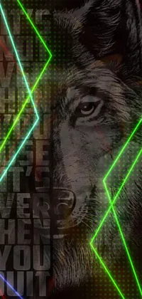 This live wallpaper features a stunning close-up shot of a majestic wolf adorned with vibrant neon lights against a backdrop of green lines and abstract patterns