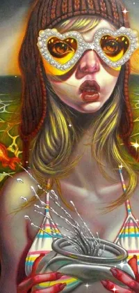 This phone live wallpaper showcases a stunning surrealist artwork of a woman in a colorful bikini and goggles