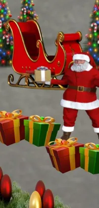 This phone live wallpaper features Santa Claus driving a fully loaded present-filled sleigh