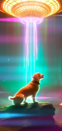 This mesmerizing live phone wallpaper captures a furry dog on a rocky hillside, with a hovering UFO nearby