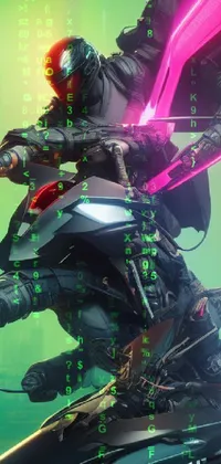 This cyberpunk phone live wallpaper features a man riding a cyborg raptor motorcycle in a neon-lit futuristic city